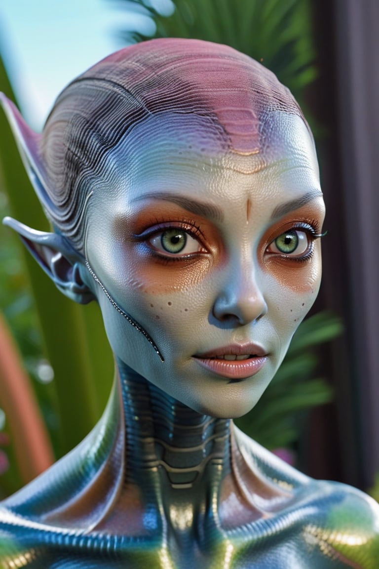 Close up of a female alien,  metallic multicolor skin,  alien planter in the background,  best quality,  amazing quality,  very aesthetic,  absurdres, perfect eyes, aw0k euphoricred style, skin blemish, Extremely Realistic,<lora:EMS-74471-EMS:0.600000>