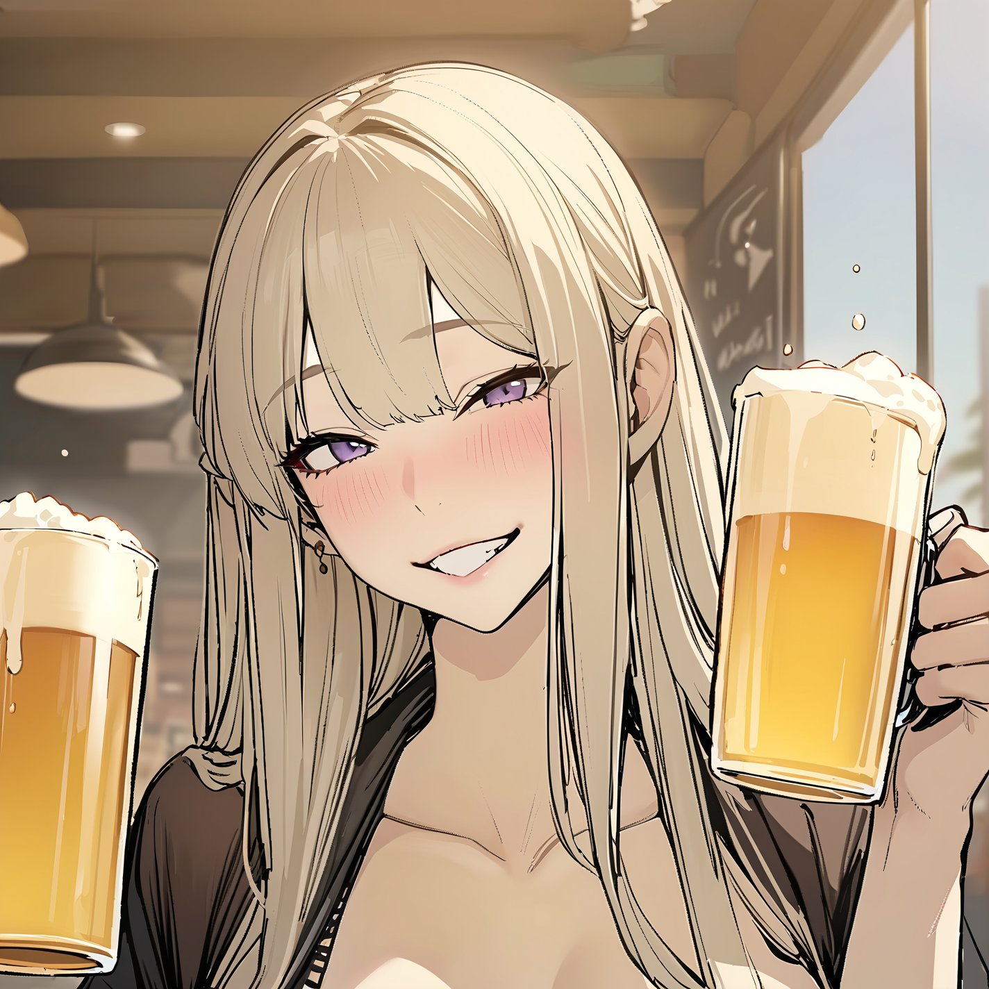 (masterpiece, best quality, highres:1.3), ultra resolution image, niji, sketch, manga, 1girl, upper body, holding_cup, beer, cafe, grin, very_long_hair, elf, pale_skin, pirates