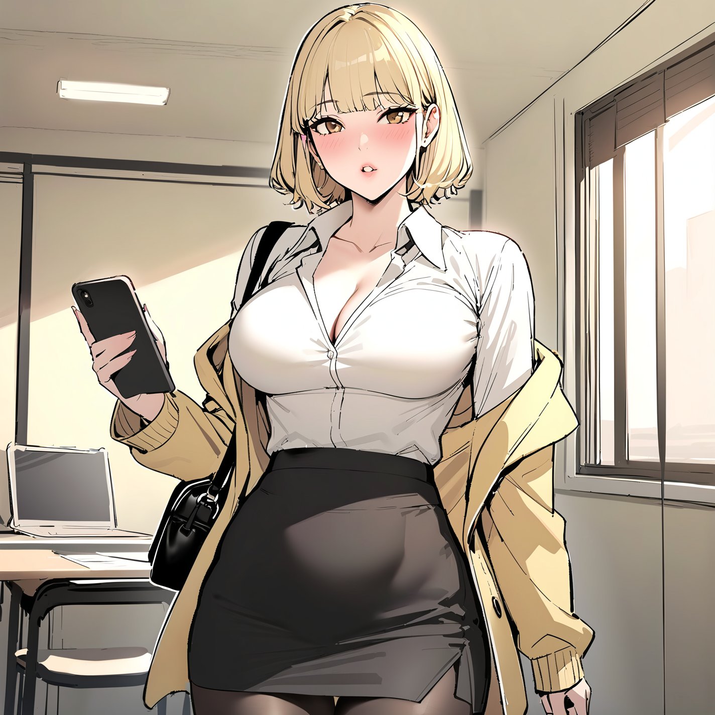 (masterpiece, best quality, highres:1.3), ultra resolution image, niji, sketch, manga, 1girl, solo, breasts, looking at viewer, blush, short hair, bangs, skirt, blonde hair, large breasts, shirt, long sleeves, holding, cleavage, brown eyes, standing, jacket, yellow eyes, white shirt, pantyhose, cowboy shot, parted lips, open clothes, collared shirt, indoors, black skirt, off shoulder, bag, open jacket, black pantyhose, window, chair, phone, cellphone, desk, pencil skirt, holding phone, handbag, taut clothes, yellow jacket, office,Reality Quest style