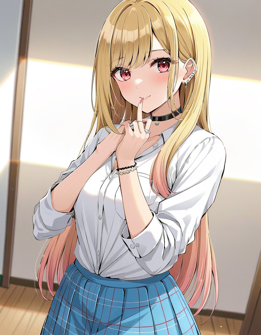 ((masterpiece, best quality)), (ultra detailed, extremely detailed, high resolution), (colorful, anime art style, soft light), highly detailed, 8k, UHD, high budget, (cute 1girl at home, selfie), (Kitagawa Marin), ((perfect hands)), (perfect eyes), (beautiful face), (choker, white shirt, blue skirt, stockings), (long hair), blonde hair, red eyes, earrings with jewels, tattoos, beautiful makeup, (posing),