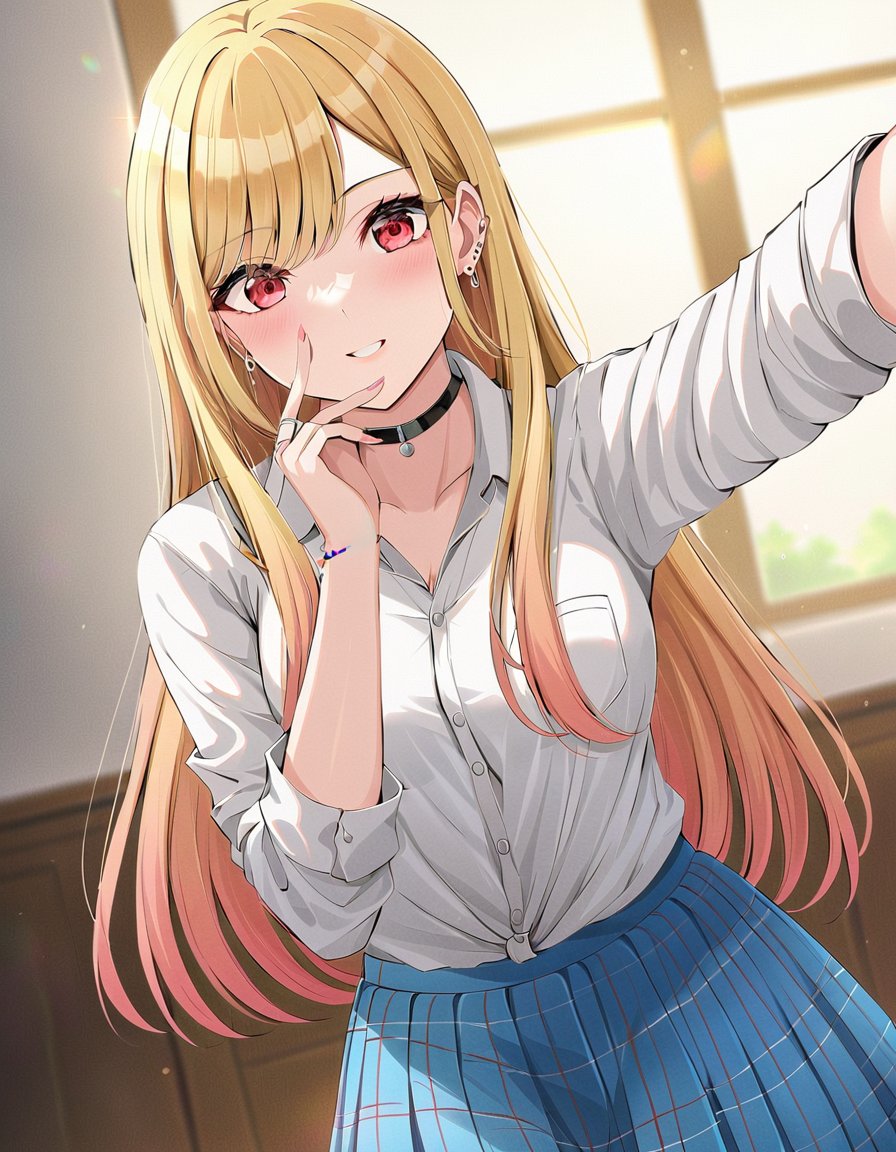 ((masterpiece, best quality)), (ultra detailed, extremely detailed, high resolution), (colorful, anime art style, soft light), highly detailed, 8k, UHD, high budget, (cute 1girl at home, selfie), (Kitagawa Marin), ((perfect hands)), (perfect eyes), (beautiful face), (choker, white shirt, blue skirt, stockings), (long hair), blonde hair, red eyes, earrings with jewels, tattoos, beautiful makeup, (posing),