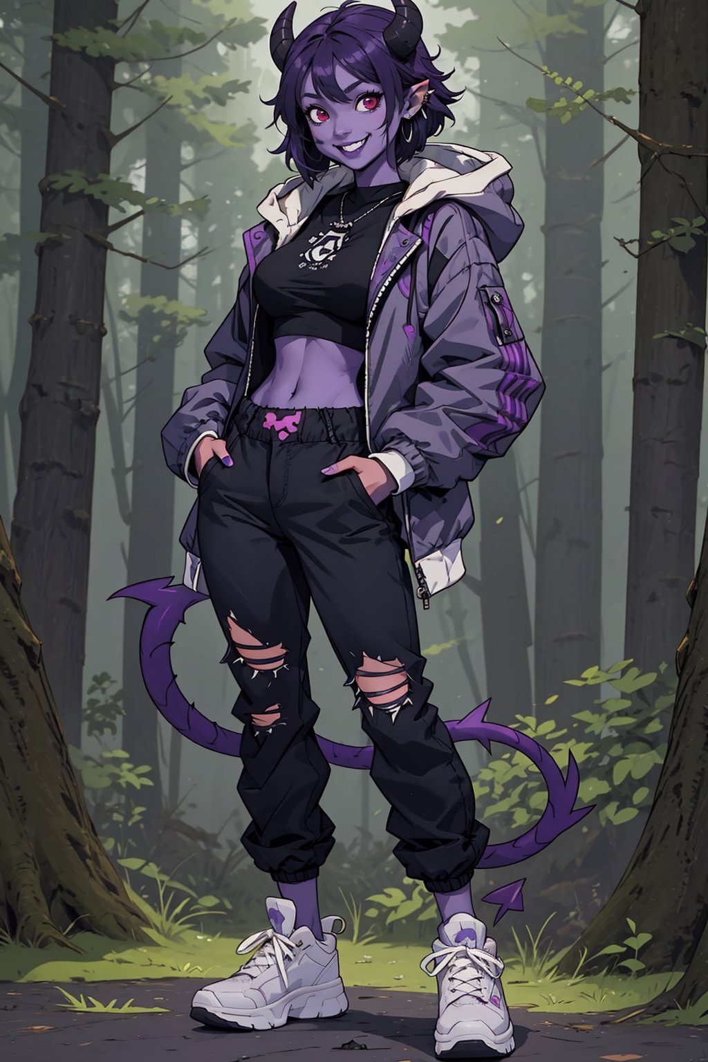 1girl,  solo,  breasts,  looking at viewer,  smile,  short hair,  forest background,  shirt,  red eyes,  horror background,  navel,  jewelry,  medium breasts,  blue hair,  standing,  jacket,  tail,  full body,  purple hair,  earrings,  horns,  shoes,  pointy ears,  midriff,  pants,  hood,  crop top,  torn clothes,  black shirt,  colored skin,  black pants,  demon girl,  hood down,  sneakers,  demon tail,  grey jacket,  hands in pockets,  purple skin,  black horns,  torn pants,  blad4,<lora:EMS-266545-EMS:0.500000>