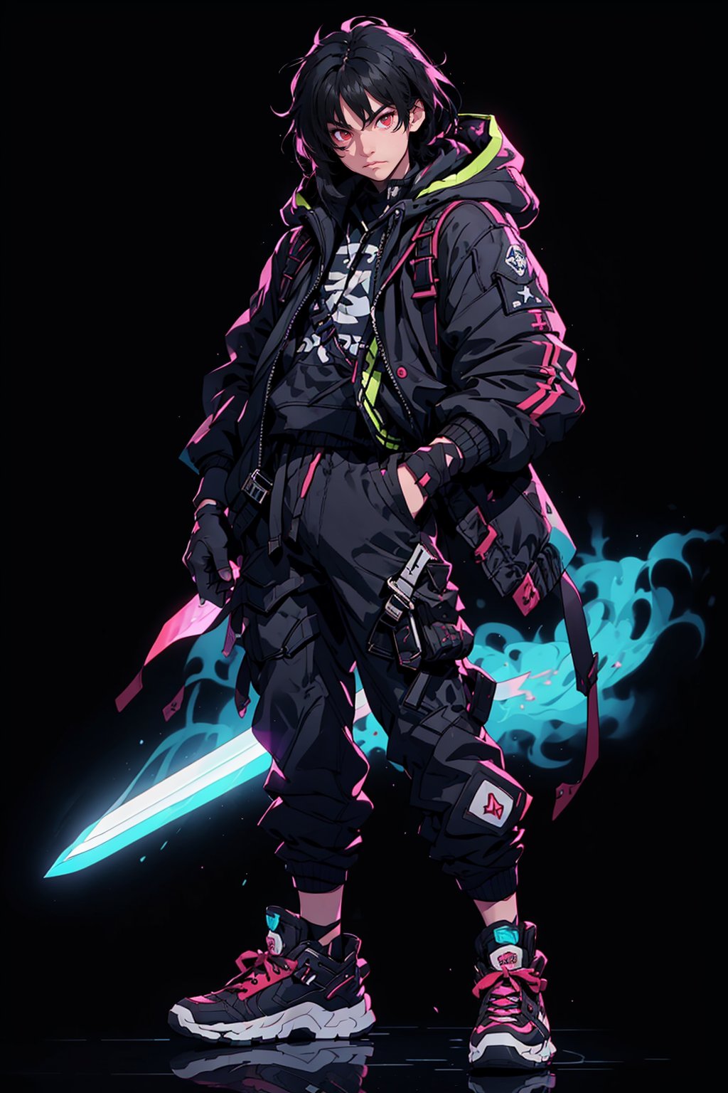 solo,  looking at viewer,  simple background,  black hair,  red eyes,  gloves,  1boy,  holding,  closed mouth,  standing,  jacket,  full body,  weapon,  male focus,  shoes,  pants,  sword,  hood,  fingerless gloves,  holding weapon,  glowing,  holding sword,  hood down,  black background,  sneakers,  blad4,<lora:EMS-266545-EMS:0.700000>