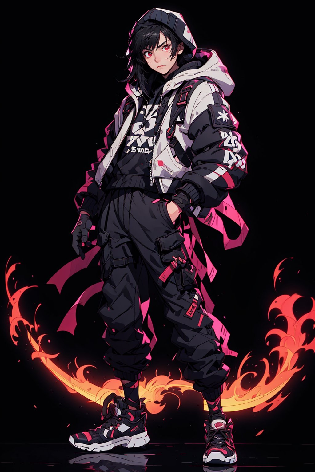 solo,  looking at viewer,  simple background,  black hair,  red eyes,  gloves,  1boy,  holding,  closed mouth,  standing,  jacket,  full body,  weapon,  male focus,  shoes,  pants,  sword,  hood,  fingerless gloves,  holding weapon,  glowing,  holding sword,  hood down,  black background,  sneakers,  blad4,<lora:EMS-266545-EMS:0.700000>