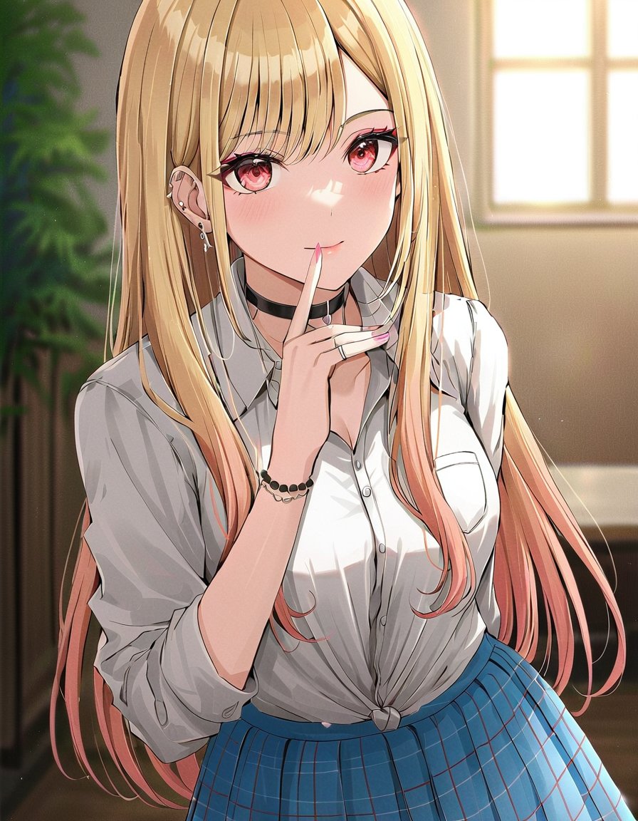 ((masterpiece, best quality)), (ultra detailed, extremely detailed, high resolution), (colorful, anime art style, soft light), highly detailed, 8k, UHD, high budget, (cute 1girl at home, selfie), (Kitagawa Marin), ((perfect hands)), (perfect eyes), (beautiful face), (phone in hand, choker, white shirt, blue skirt, stockings), (long hair), blonde hair, red eyes, earrings with jewels, tattoos, beautiful makeup, (posing),