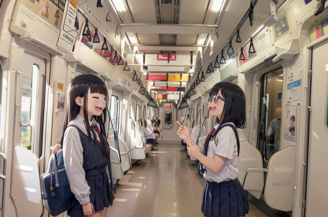 best quality, ultra-detailed, illustration,multiple girls, school uniform, black hair, glasses, school bag, smile, laughing, face focus,e233, train interior, scenery, seat, vanishing point, poster (object), sunlight,<lora:E233_SD15_V3_DIM4:1>