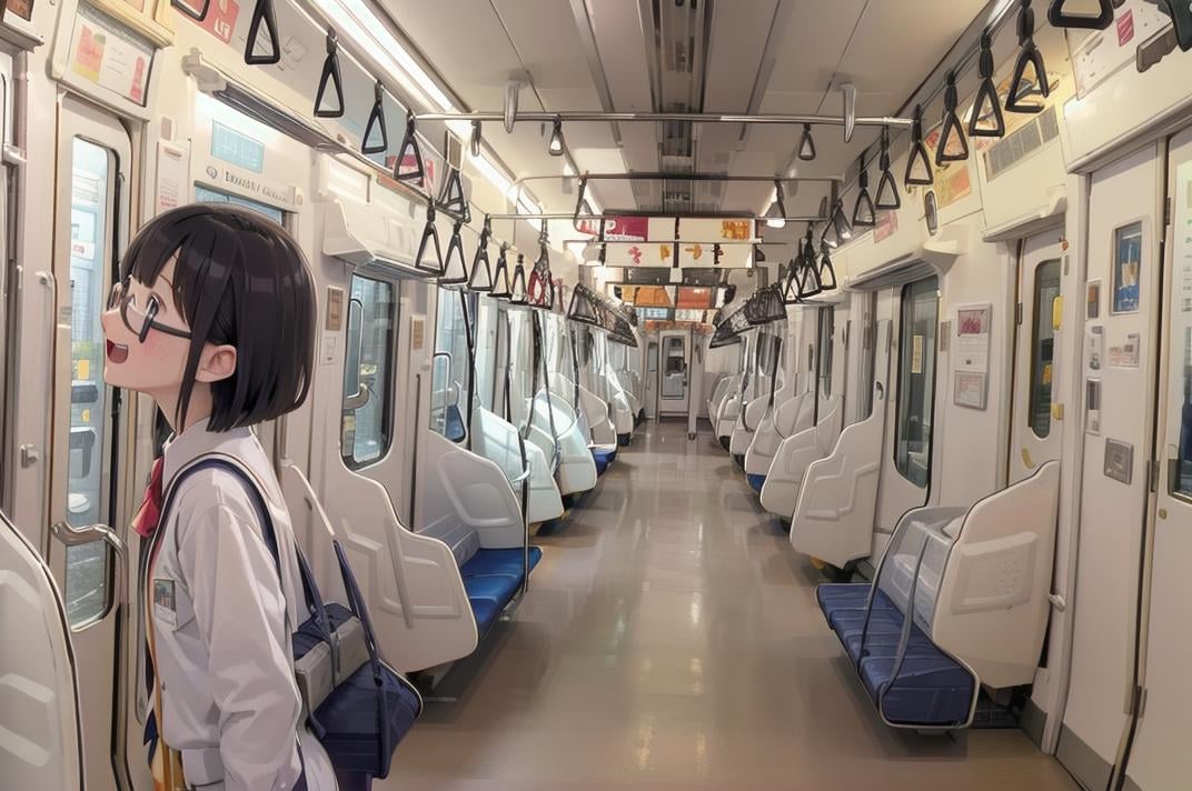 best quality, ultra-detailed, illustration,e233, train interior, scenery, seat, vanishing point, poster (object), sunlight, multiple girls, school uniform, black hair, glasses, school bag, smile, laughing, face focus, <lora:E233_SD15_V3_DIM4:1>