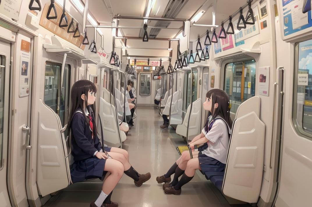 best quality, ultra-detailed, illustration,e233, train interior, multiple girls, school uniform, ,vanishing point, poster (object), sitting, bag, scenery, poster (object),  <lora:E233_SD15_V3_DIM4:1>