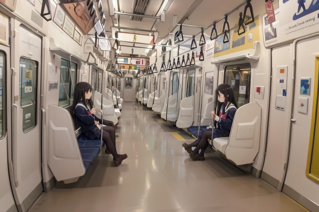 best quality, ultra-detailed, illustration,e233, train interior, multiple girls, school uniform, ,vanishing point, poster (object), sitting, bag, scenery, poster (object),  <lora:E233_SD15_V3_DIM4:1>