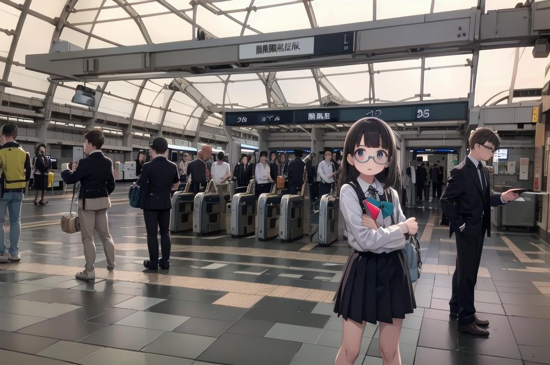 best quality, ultra-detailed, illustration,1girl, glasses, school uniform, bag, jacket, holding, smartphone,multiple girls, multiple boys, crowd, kaisatsu, automatic ticket gate, scenery, train station, sign, real world location, indoors, ceiling <lora:kokusai_tenjijyo_eki_SD15_V1_DIM4:1>