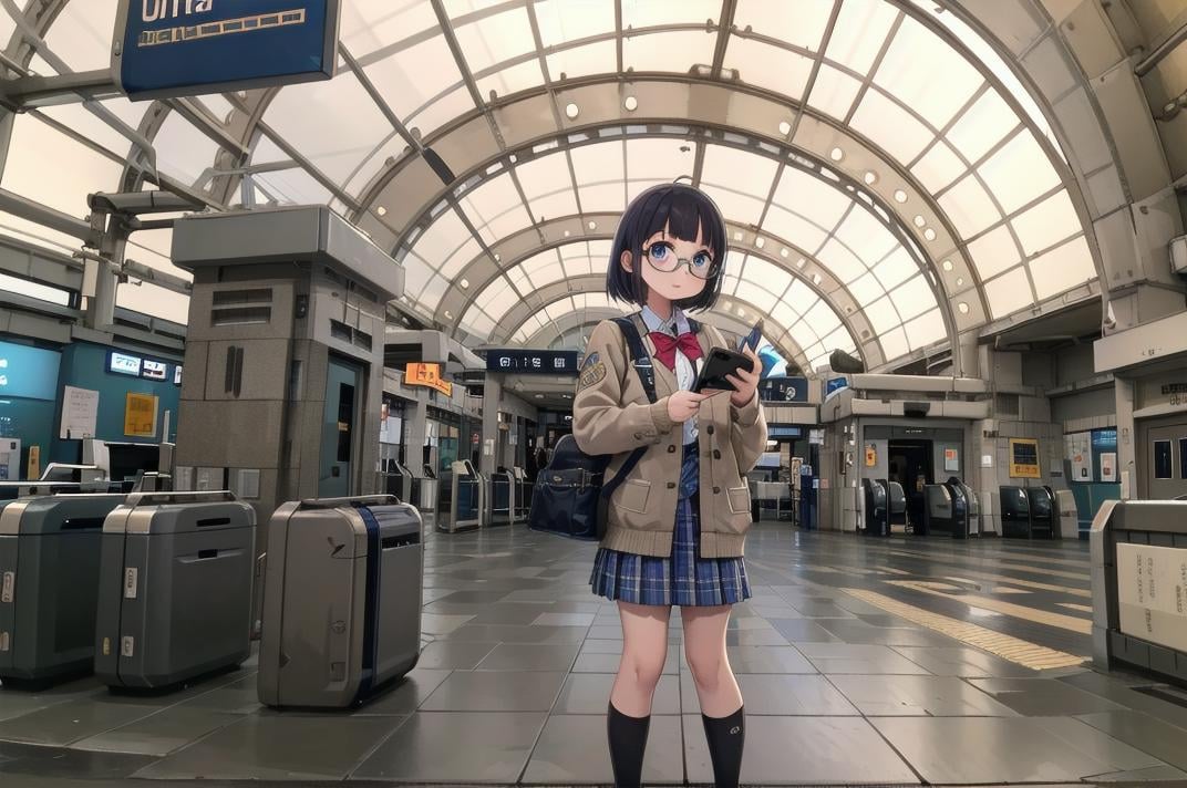 best quality, ultra-detailed, illustration,1girl, glasses, school uniform, bag, jacket, holding, smartphone,kaisatsu, automatic ticket gate, train station, scenery, sign, real world location, indoors, ceiling <lora:kokusai_tenjijyo_eki_SD15_V1_DIM4:1>