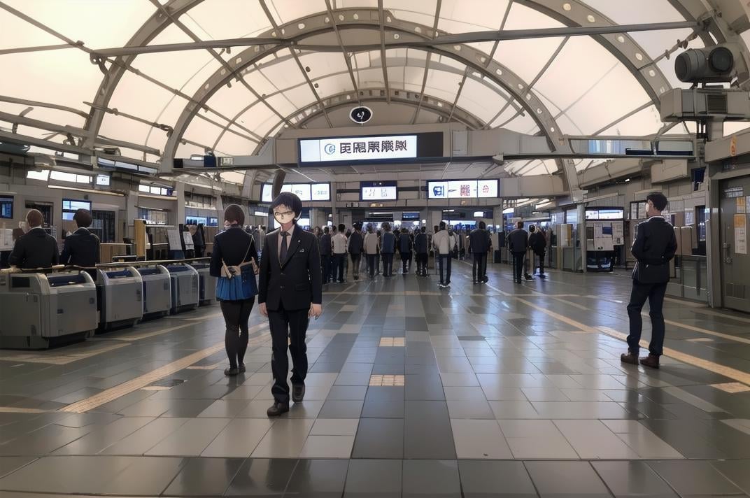 best quality, ultra-detailed, illustration,1girl, glasses, school uniform, bag, jacket, holding, smartphone,multiple girls, multiple boys, crowd, kaisatsu, automatic ticket gate, train station, scenery, sign, real world location, indoors, ceiling <lora:kokusai_tenjijyo_eki_SD15_V1_DIM4:1>