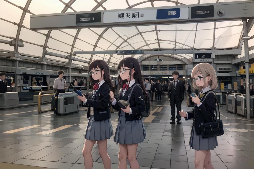 best quality, ultra-detailed, illustration,1girl, glasses, school uniform, bag, jacket, holding, smartphone,multiple girls, multiple boys, crowd, kaisatsu, automatic ticket gate, train station, scenery, sign, real world location, indoors, ceiling <lora:kokusai_tenjijyo_eki_SD15_V1_DIM4:1>