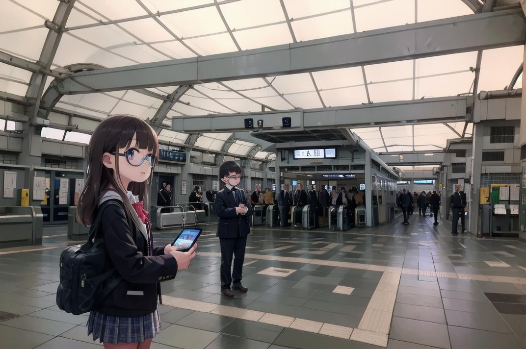 best quality, ultra-detailed, illustration,1girl, glasses, school uniform, bag, jacket, holding, smartphone,multiple girls, multiple boys, crowd, kaisatsu, automatic ticket gate, train station, scenery, sign, real world location, indoors, ceiling <lora:kokusai_tenjijyo_eki_SD15_V1_DIM4:1>