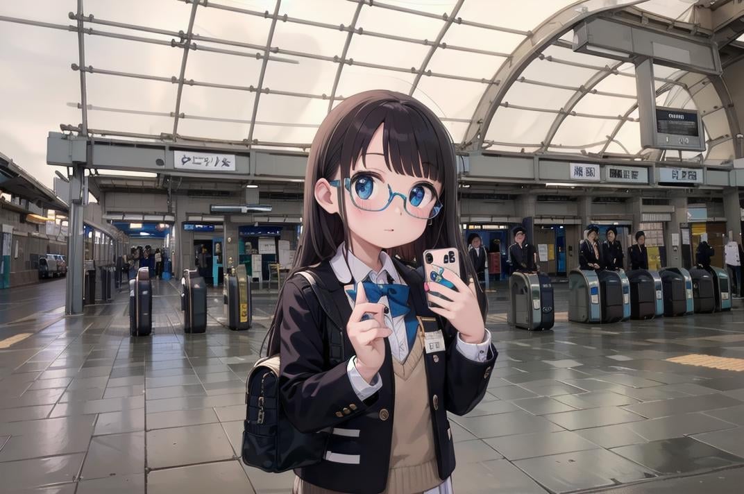 best quality, ultra-detailed, illustration,1girl, glasses, school uniform, bag, jacket, holding, smartphone,kaisatsu, automatic ticket gate, train station, scenery, sign, real world location, indoors, ceiling <lora:kokusai_tenjijyo_eki_SD15_V1_DIM4:1>