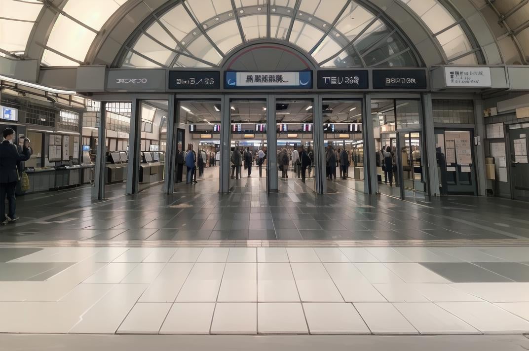 best quality, ultra-detailed, illustration,1girl, glasses, school uniform, bag, jacket, multiple girls, multiple boys, crowd, TWRR03, scenery, tiles, tile floor, train station, door, multiple boys, sign, storefront, exterior <lora:kokusai_tenjijyo_eki_SD15_V1_DIM4:1>