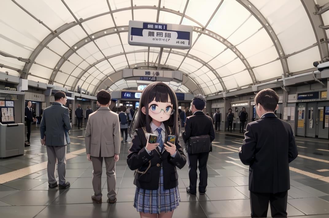 best quality, ultra-detailed, illustration,1girl, glasses, school uniform, bag, jacket, holding, smartphone,multiple girls, multiple boys, crowd, kaisatsu, automatic ticket gate, scenery, train station, sign, real world location, indoors, ceiling <lora:kokusai_tenjijyo_eki_SD15_V1_DIM4:1>