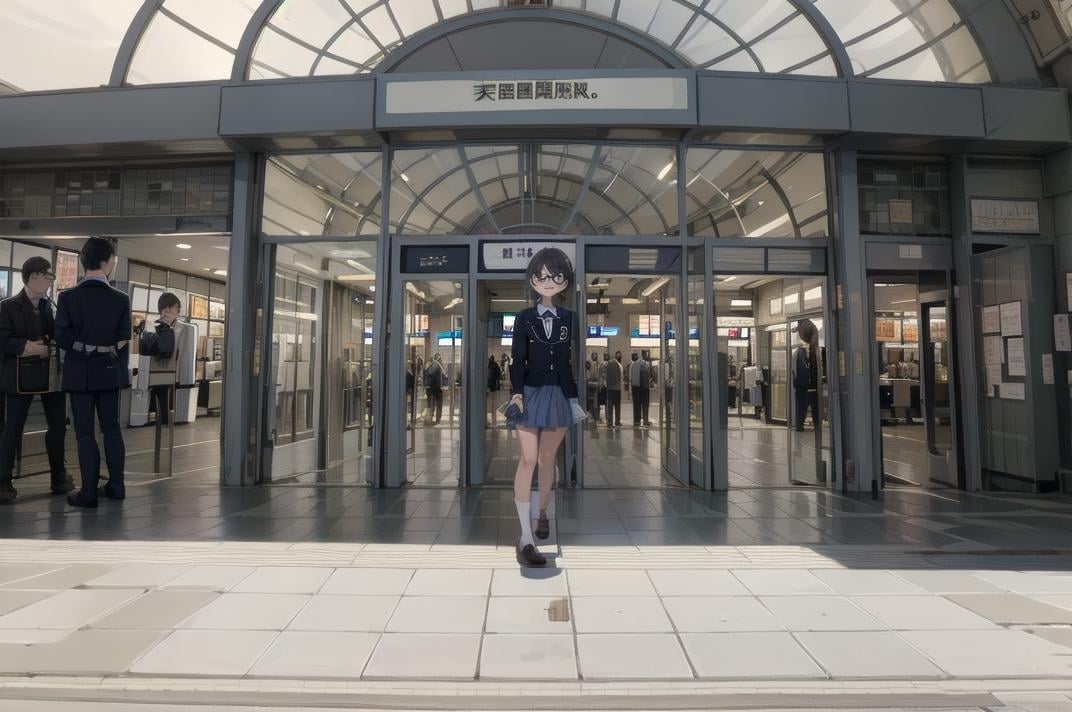 best quality, ultra-detailed, illustration,1girl, glasses, school uniform, bag, jacket, multiple girls, multiple boys, crowd, TWRR03, scenery, tiles, tile floor, train station, door, multiple boys, sign, storefront, exterior <lora:kokusai_tenjijyo_eki_SD15_V1_DIM4:1>