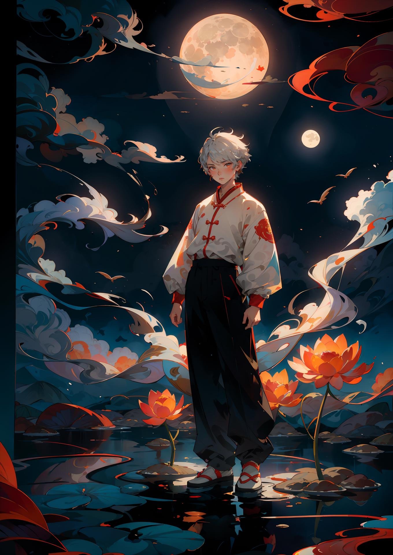 masterpiece,best quality,chinese new year,1boy,solo,full body,looking at viewer,white  hair,moon,dress,chinese clothes,simple background,cndstyle,pose,cloud,water,ocean,chinese_knot,gold coins,yuanbao,phoenix,lotus,jasmine,pants,<lora:Chinese New Year's Eve_v01:0.6>,