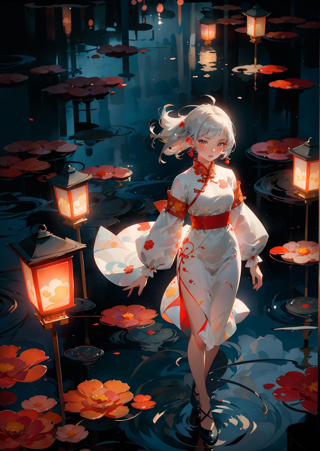 masterpiece,best quality,chinese new year,1girl,solo,full body,looking at viewer,white hair,dress,chinese clothes,white dress,china dress,simple background,<lora:Chinese New Year's Eve_v01:0.6>,cndstyle,pose,cloud,water,ocean,lantern/lamp,