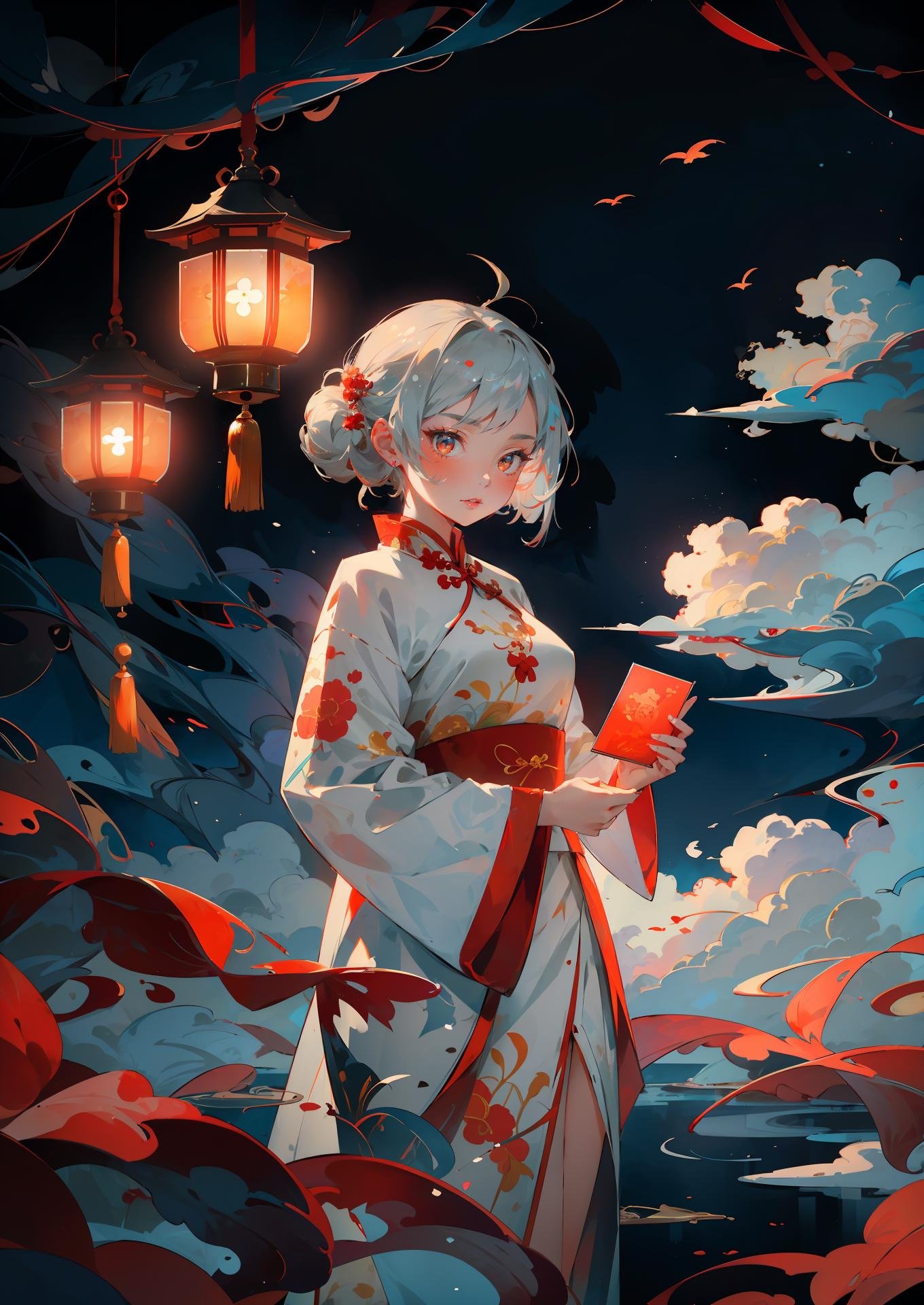 masterpiece,best quality,chinese new year,1girl,solo,full body,looking at viewer,white hair,dress,chinese clothes,white dress,china dress,simple background,<lora:Chinese New Year's Eve_v01:0.6>,cndstyle,pose,cloud,water,ocean,lantern/lamp,