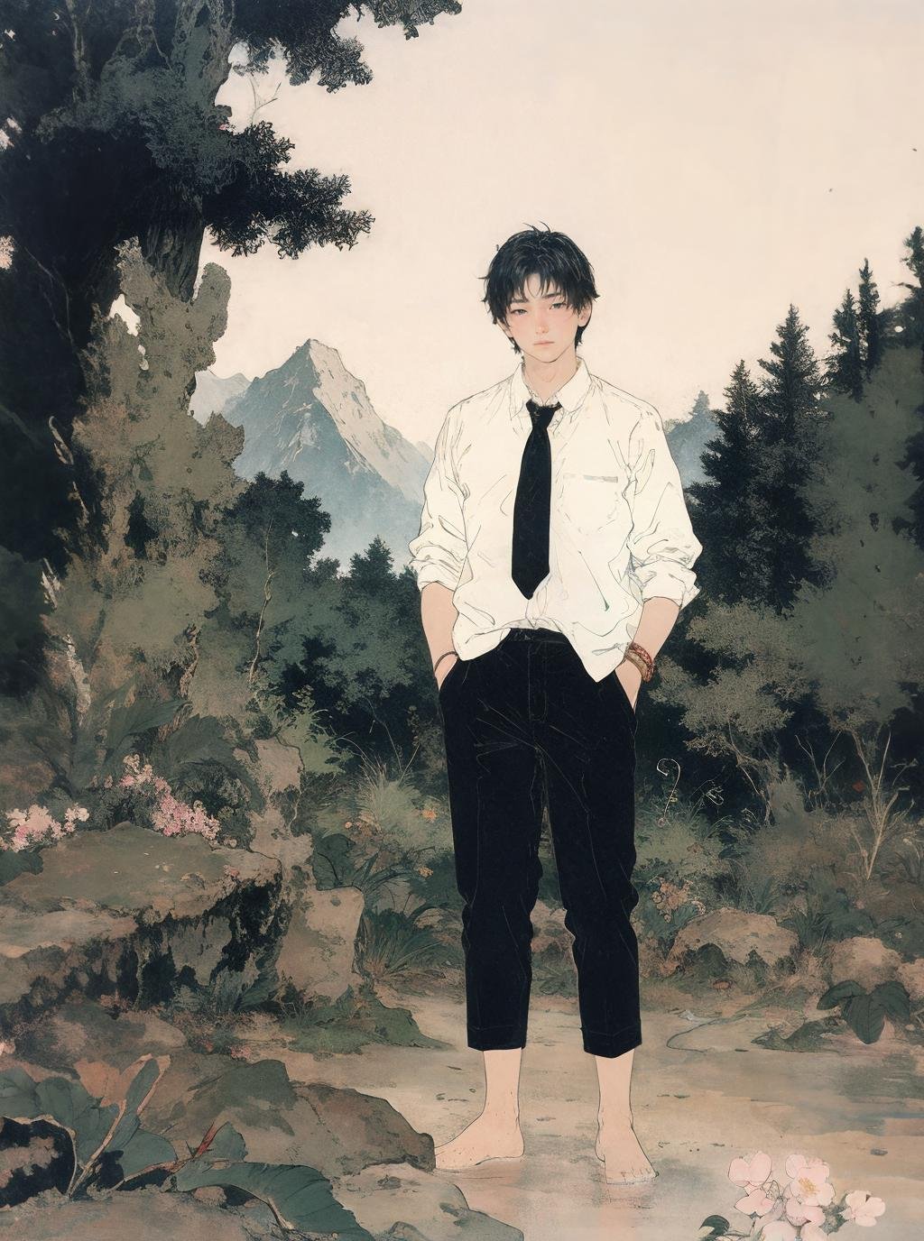 best quality,masterpiece,ultra high res,((1boy)),umino,standing,look somewhere,yosshi film,minimalism,landscape,dark,gradient_background,<lora:Umino_v02_dp_aw:0.8>,barefoot,black eyes,black hair,bracelet,branch,cherry blossoms,forest,grass,jewelry,leaf,male focus,mountain,nature,outdoors,plant,rock,rope,shirt,solo,tree,suit and tie,