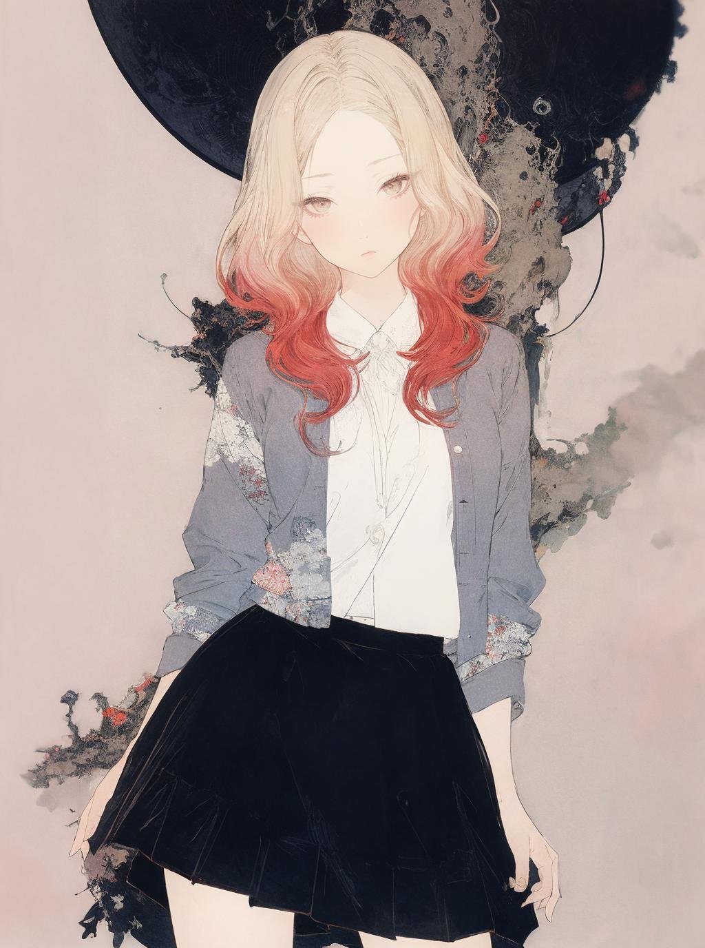 best quality,masterpiece,ultra high res,1girl,looking at viewer,umino,Takato Yamamoto style,multicolored_skirt,<lora:海野浩漠Umino_Hiromaku:0.8>,simple background,white_background,gradient background,