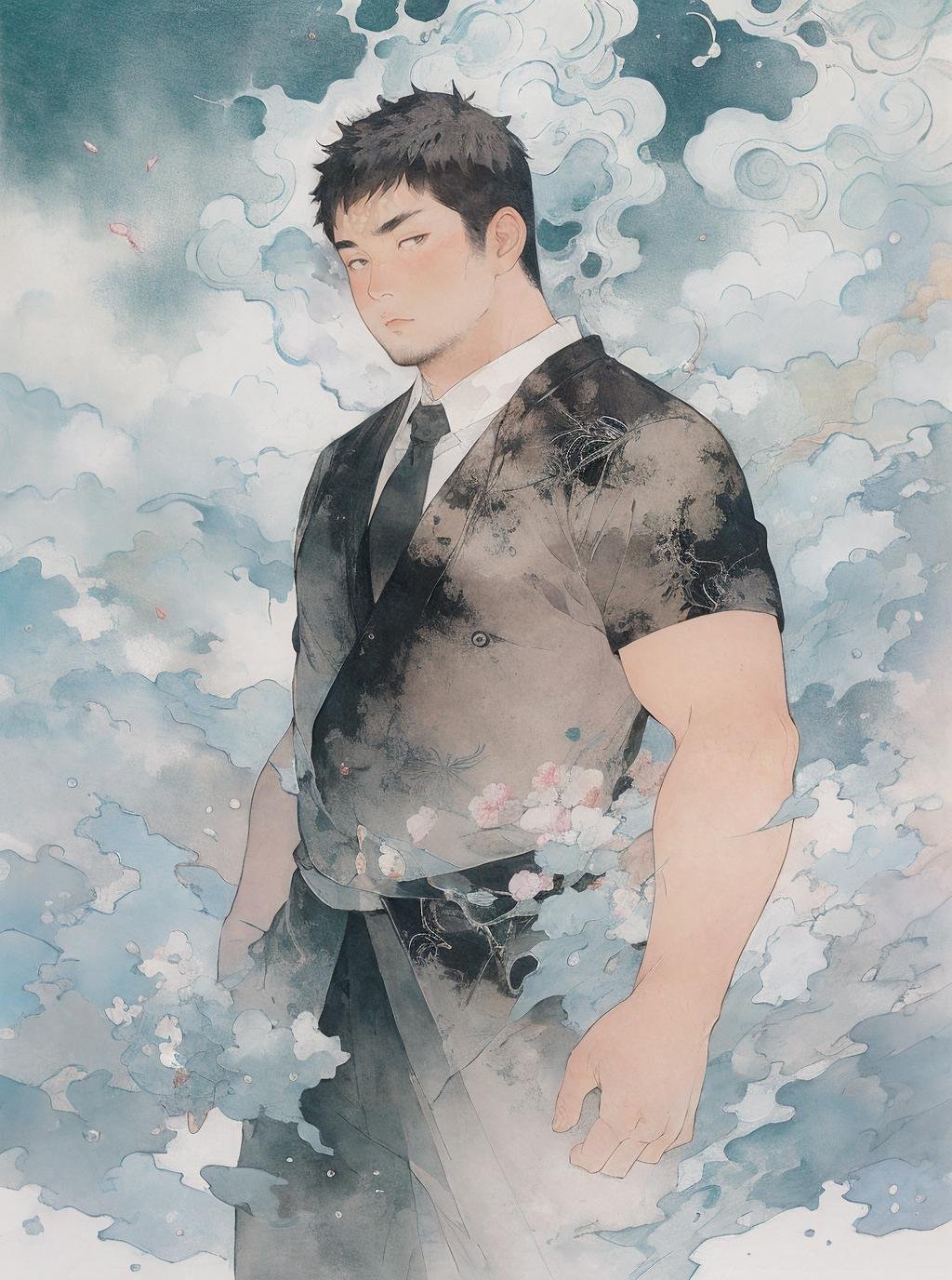 best quality,masterpiece,ultra high res, umino,Takato Yamamoto style,1boy,looking at viewer,yosshi film,stubble,gradient_background,bearstyle,(minimalism),zen,chinese painting,cloud,<lora:fatbear_v05:1:lbw=Gobuhime>,style,bearstyle,<lora:海野浩漠Umino_Hiromaku:0.7>,suit and tie,