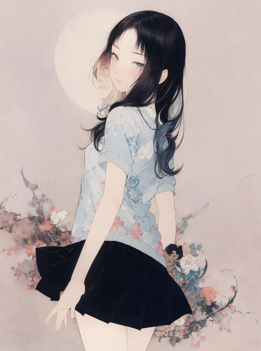 best quality,masterpiece,ultra high res,1girl,minimalism,looking at viewer,umino,circle,Takato Yamamoto style,multicolored_skirt,<lora:海野浩漠Umino_Hiromaku:0.8>,simple background,white_background,gradient background,moon,