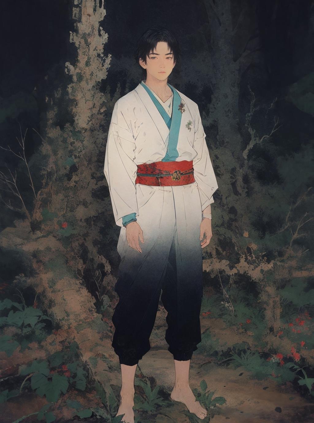 best quality,masterpiece,ultra high res,((1boy)),((stubble)),umino,standing,look somewhere,yosshi film,minimalism,landscape,dark,gradient_background,<lora:Umino_v02_dp_aw:0.8>,barefoot,black eyes,black hair,bracelet,branch,cherry blossoms,forest,grass,jewelry,leaf,male focus,mountain,nature,outdoors,plant,rock,rope,shirt,solo,tree,armor,kimono,