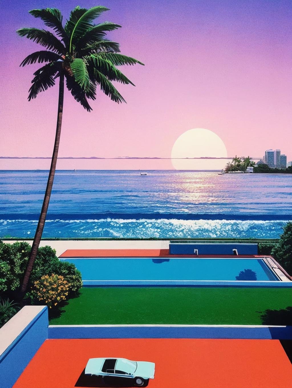 best quality,masterpiece,ultra high res,HiroshiNagai,sky,ocean,in summer,<lora:HiroshiNagai_b:0.8>,beach,coconut tree,pool,building,car,city,sun,