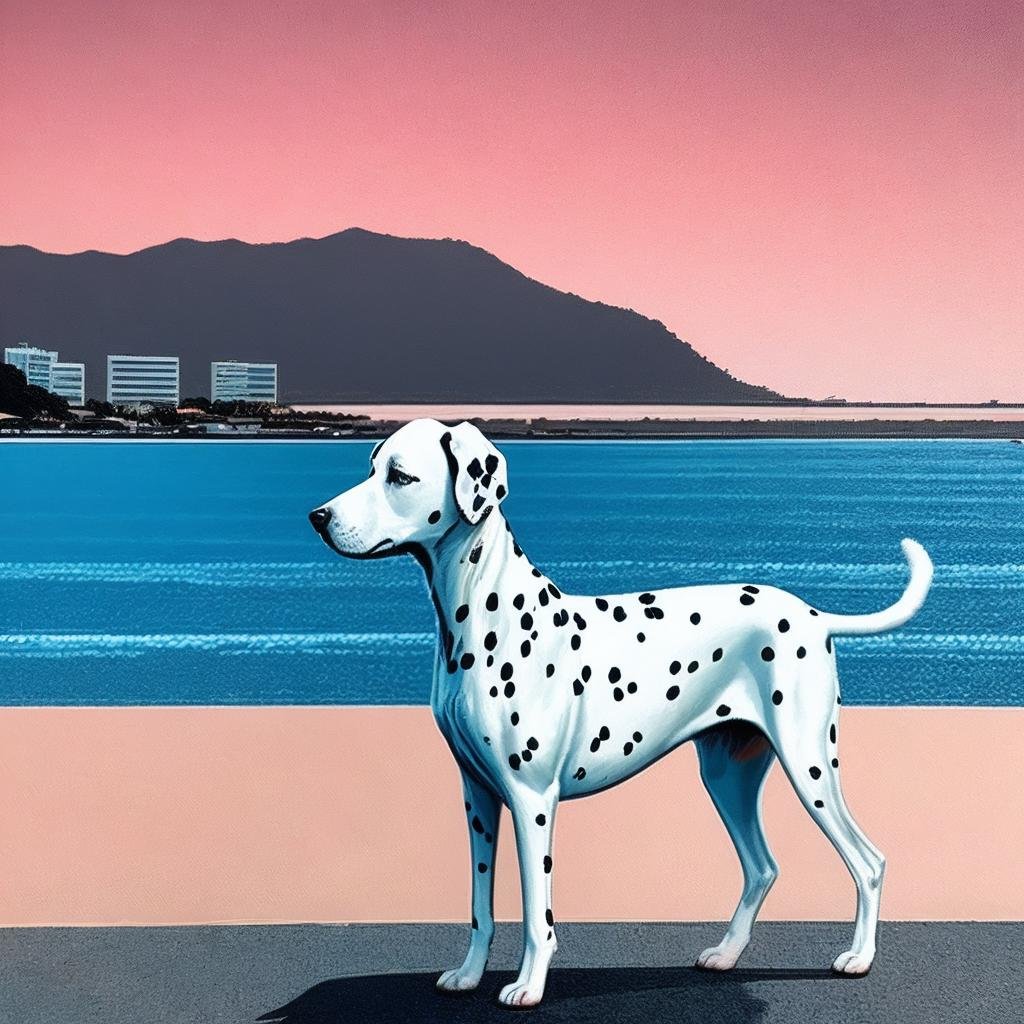 best quality,masterpiece,ultra high res,HiroshiNagai,ocean,<lora:HiroshiNagai_b>,sunset,city skylin,a dalmatian standing on the beach,dog,simple background,