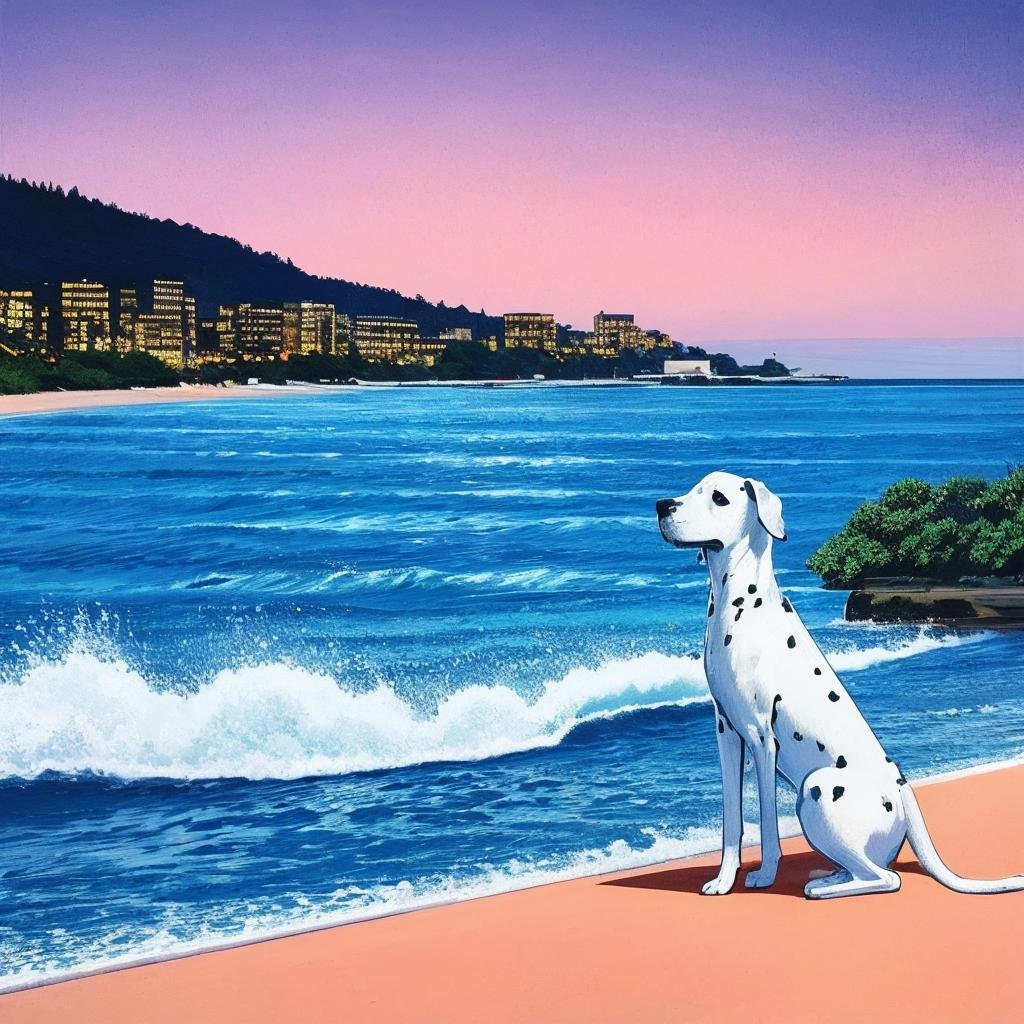 best quality,masterpiece,ultra high res,HiroshiNagai,ocean,in summer,<lora:HiroshiNagai_b:0.8>,night view,sunset,lights,city skylin,a dalmatian standing on the beach,