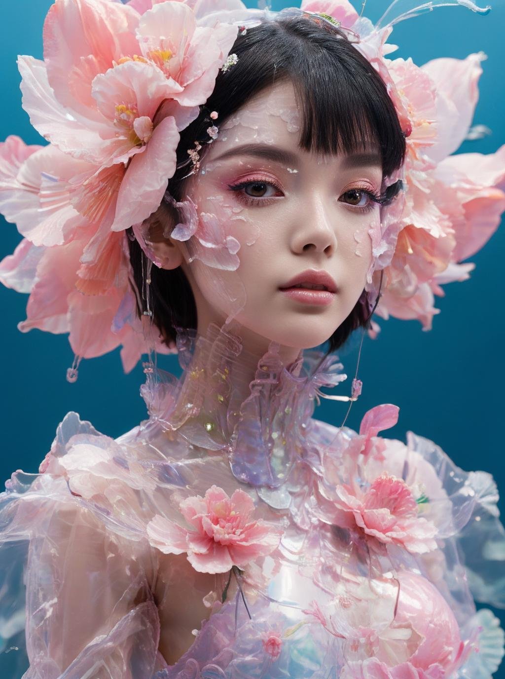 masterpiece,best quality,1girl,flower,jellyfish,make-up,plastic,simple background,eye makeup,<lora:eastfantasy_v014:0.7>,eastttt2,