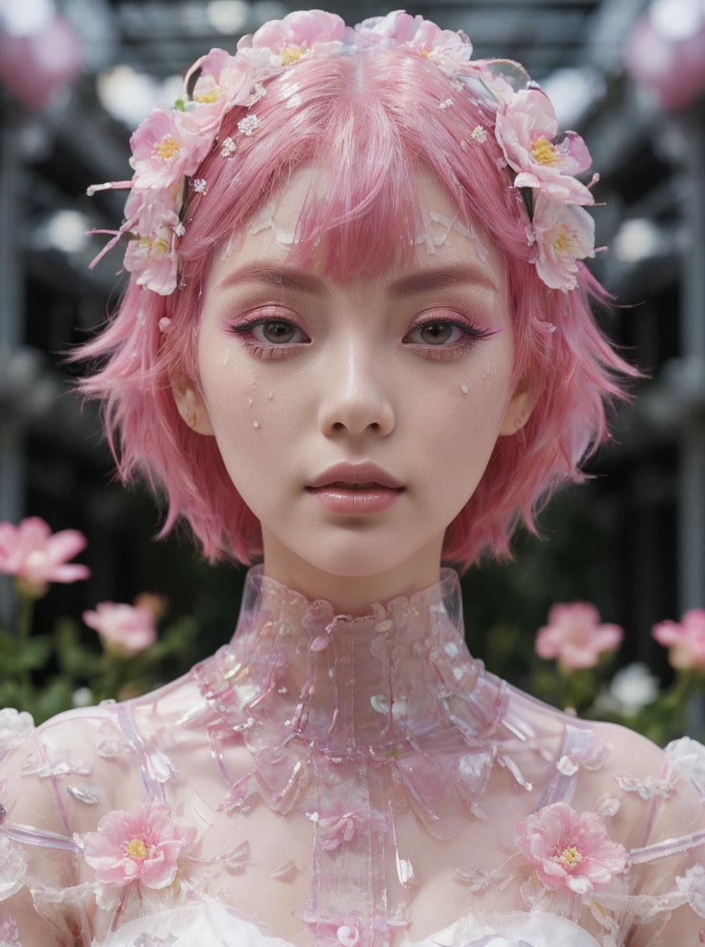 masterpiece,best quality,1girl,east,flower,pink hair,plastic,simple background,eye makeup,make-up,<lora:eastfantasy_v014:0.7>,eastttt2,