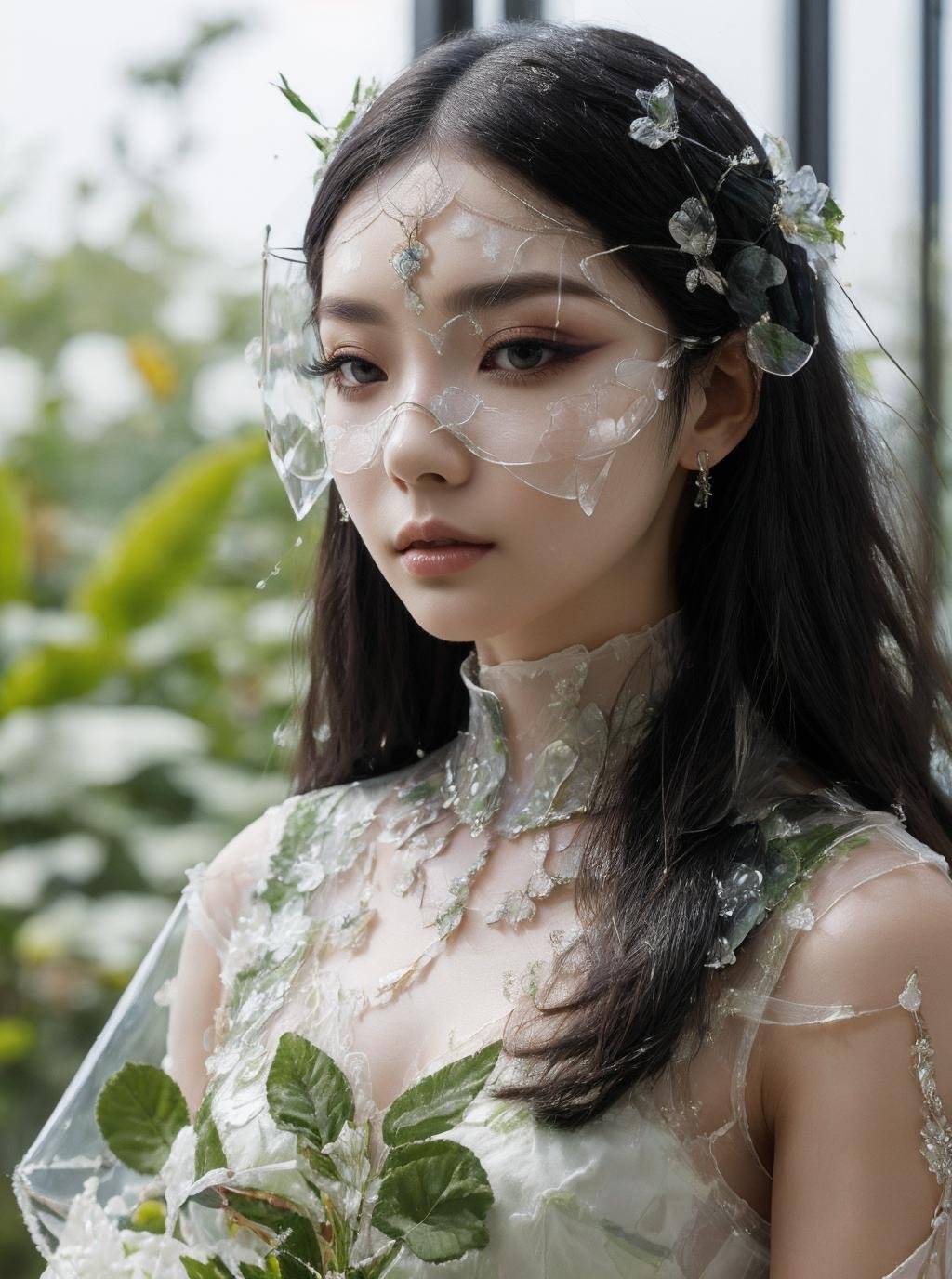 masterpiece,best quality,1girl,long hair,plant,crystal,glass,mask,simple background,eye makeup,<lora:eastfantasy_v014:0.6>,eastttt2,