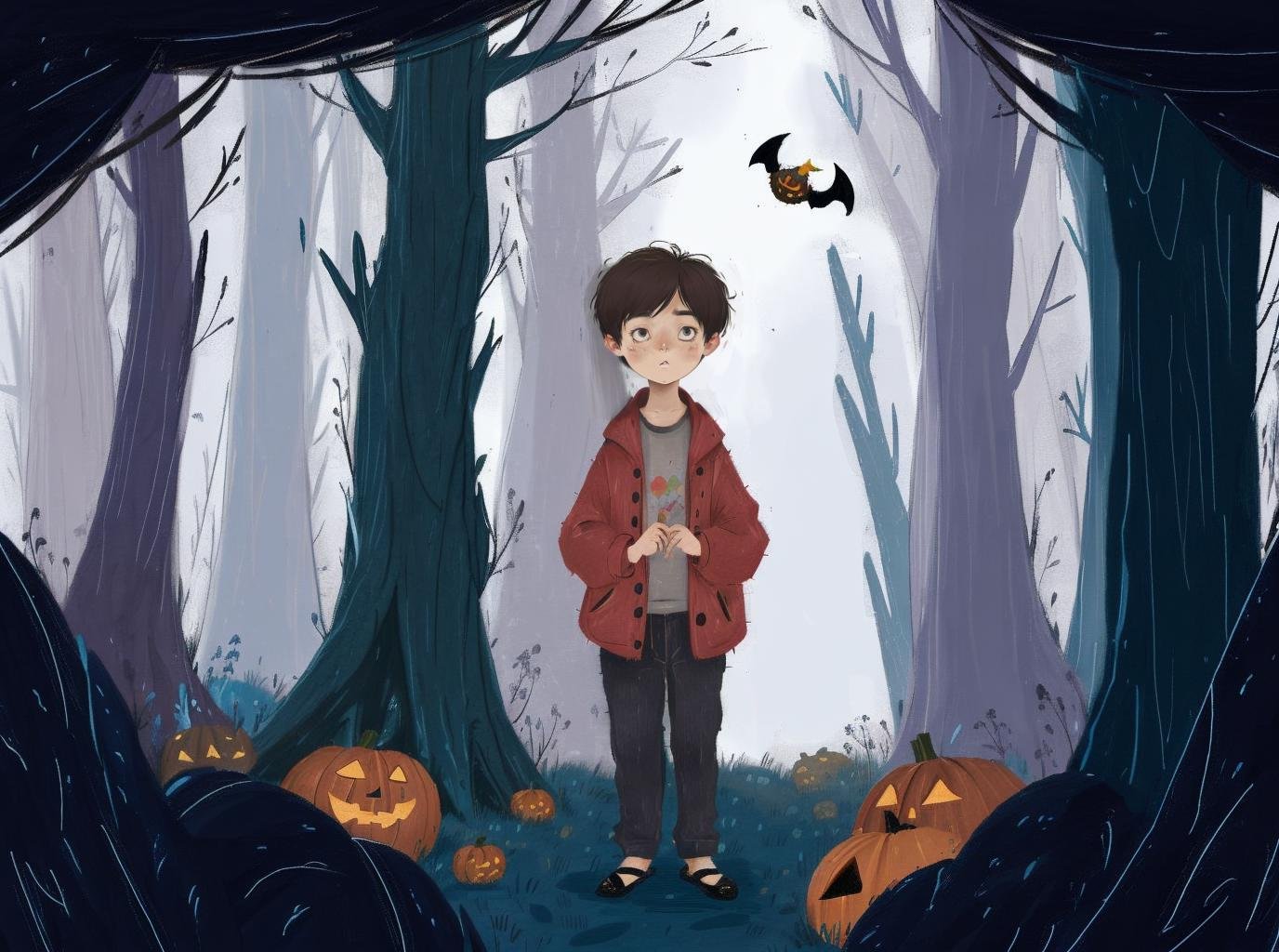 best quality,masterpiece,ultra high res,childpaiting,((1boy)),solo,crayon drawing,night,outdoors,surreal,halloween,bat,terrible,gloomy,the dark forest,magic,