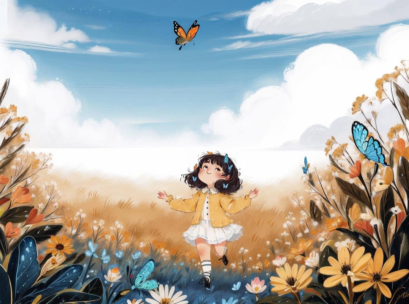 best quality,masterpiece,ultra high res,childpaiting,1girl,solo,crayon drawing,white flower,((a girl to play with a butterfly)),play,cloud,smile,cloudy sky,outdoors,black hair,sky,surreal,freckles,black eyes,running,take the insect net,