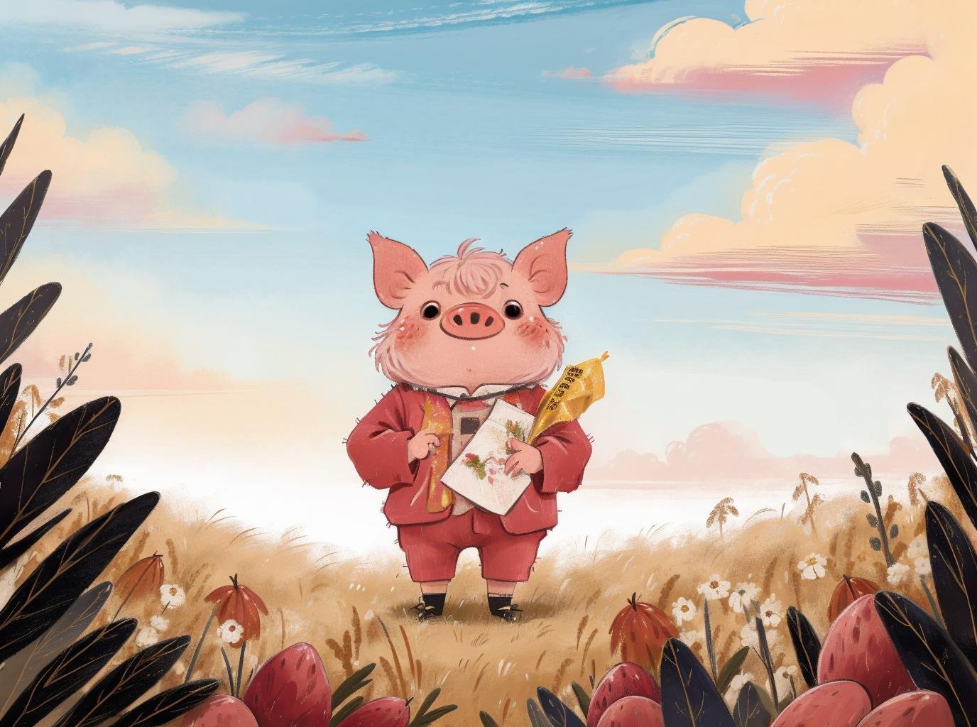 best quality,masterpiece,ultra high res,childpaiting,solo,crayon drawing,cloud,cloudy sky,outdoors,surreal,in autumn,the fruits of the harvest,a little pig with straw on his back,