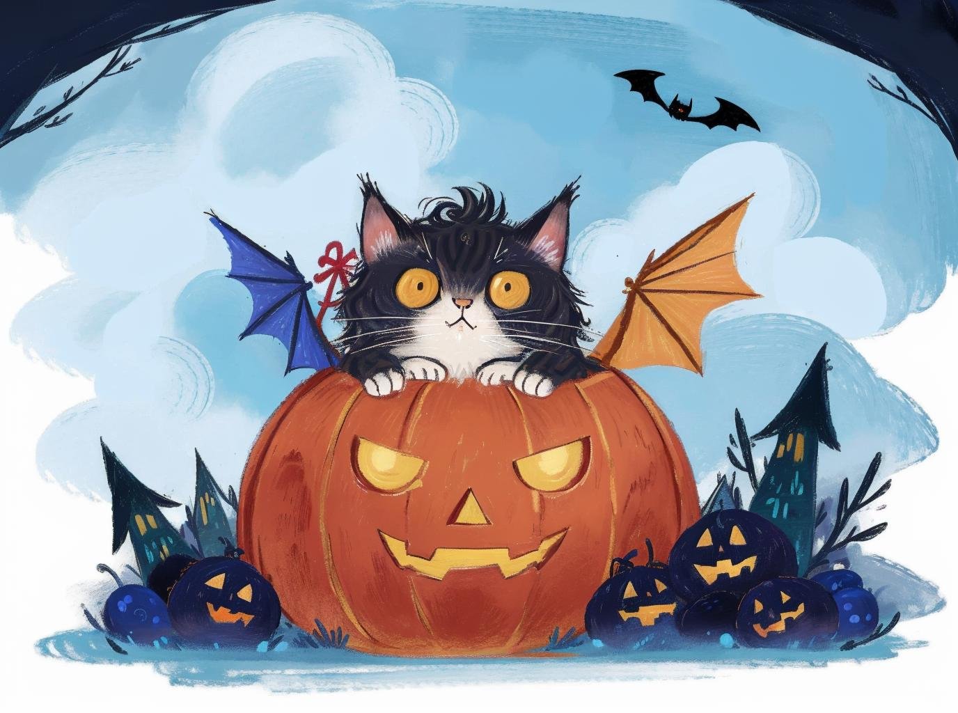 best quality,masterpiece,ultra high res,childpaiting,1 cute cat,solo,crayon drawing,cloud,cloudy sky,outdoors,surreal,halloween,bat,terrible,gloomy,the dark forest,