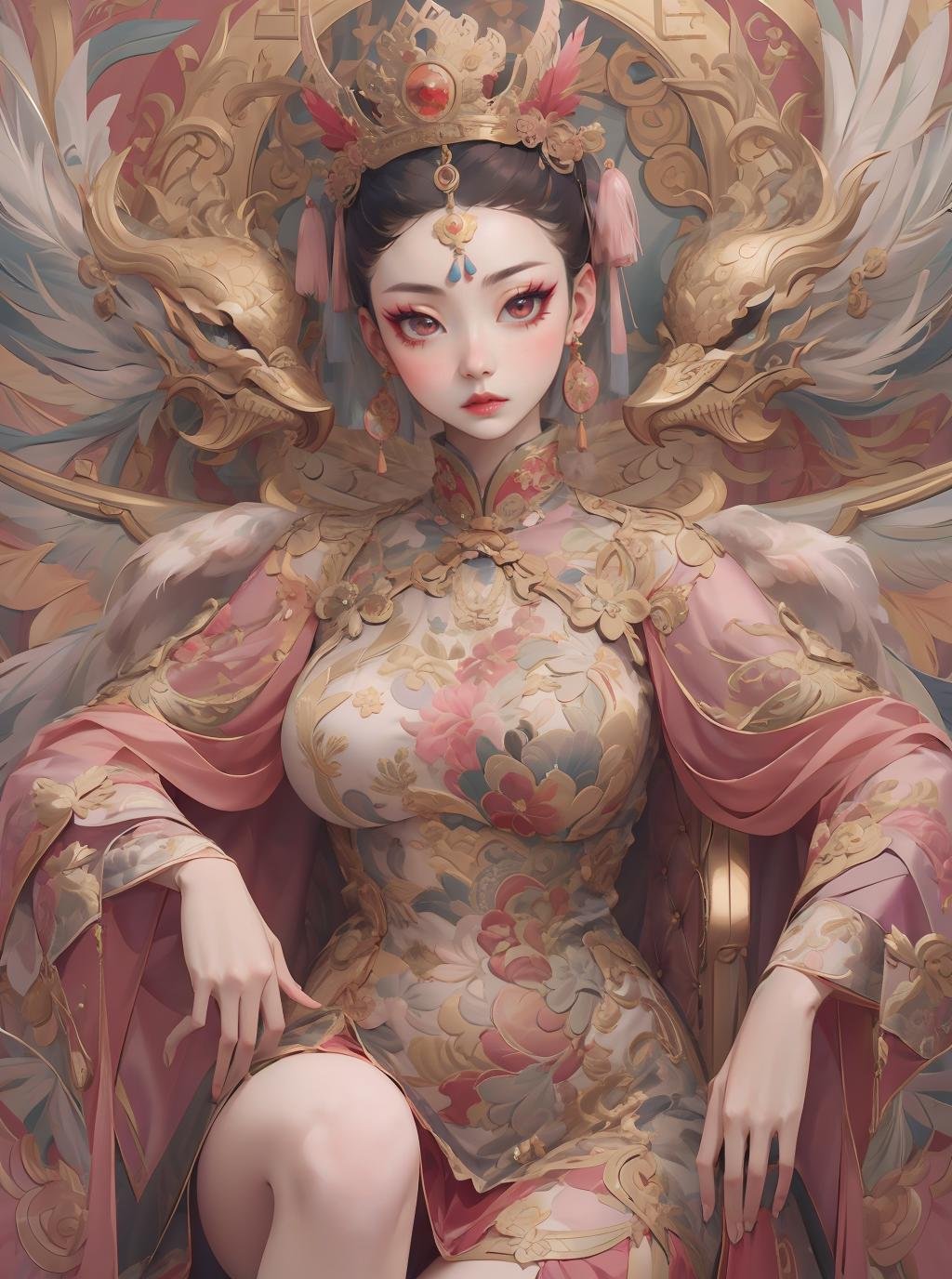 masterpiece,best quality,1girl,solo,realistic,asians,portrait,chinese aesthetics,chair,cnstyle,Chinese Ornate,crown,eye makeup,(((red dress))),wings,feather,earrings,jewelry,<lora:cnstyle Chinese Ornate_20231224170732-000010:0.7>,