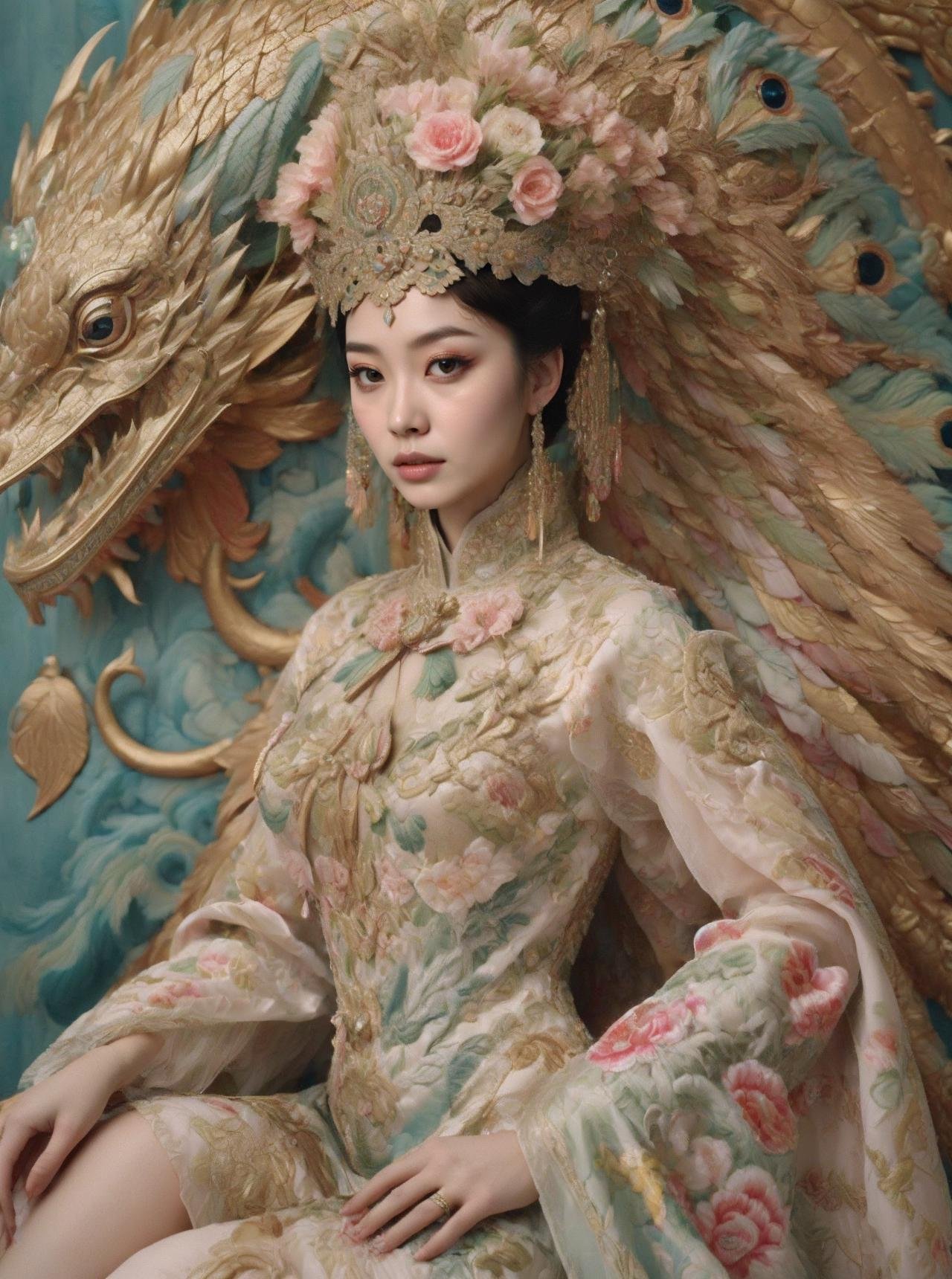 masterpiece,best quality,1girl,solo,realistic,asians,portrait,chinese aesthetics,dragon chair,cnstyle,Chinese Ornate,crown,eye makeup,<lora:cnstyle Chinese Ornate_20231224170732-000010:0.7>,flowers,green,plant,peacock,feather,