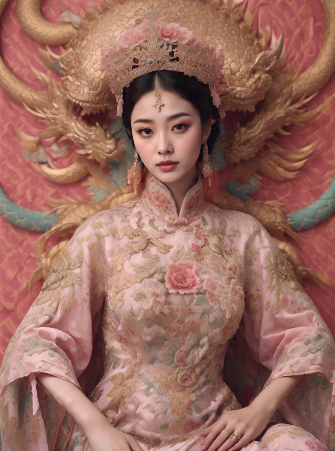 masterpiece,best quality,1girl,solo,realistic,asians,portrait,chinese aesthetics,dragon chair,cnstyle,Chinese Ornate,crown,eye makeup,<lora:cnstyle Chinese Ornate_20231224170732-000010:0.7>,flowers,red theme,