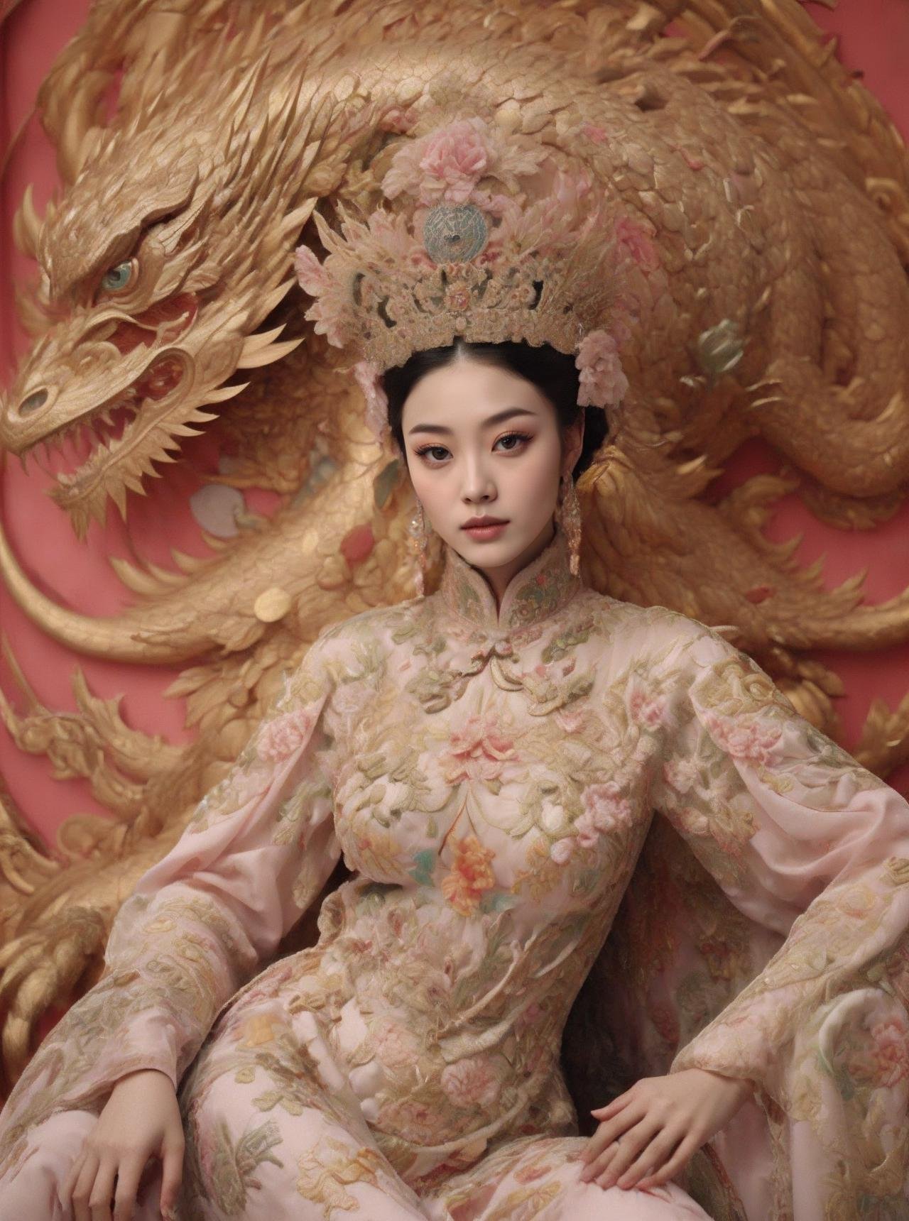 masterpiece,best quality,1girl,solo,realistic,asians,portrait,chinese aesthetics,dragon chair,cnstyle,Chinese Ornate,crown,eye makeup,<lora:cnstyle Chinese Ornate_20231224170732-000010:0.7>,flowers,red theme,