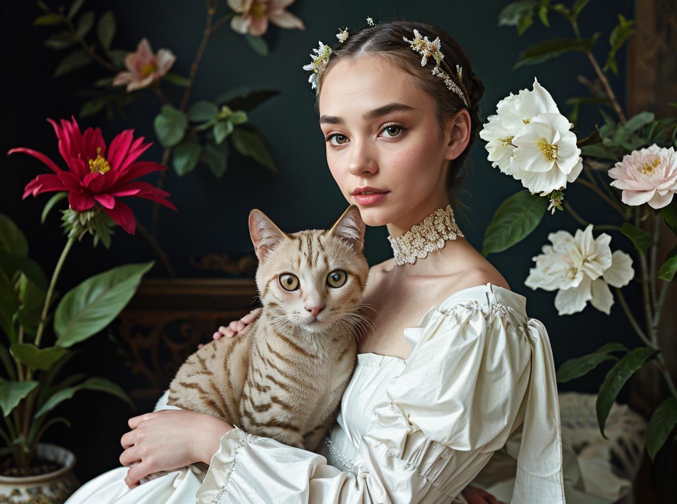 masterpiece,best quality,1girl,solo,portrait,sit,(looking at viewer),renaissance,flower,white dress,plant,simple background,<lora:tiger_v01_02:0.8>,animalstyle,(a woman and a siamese_cat),