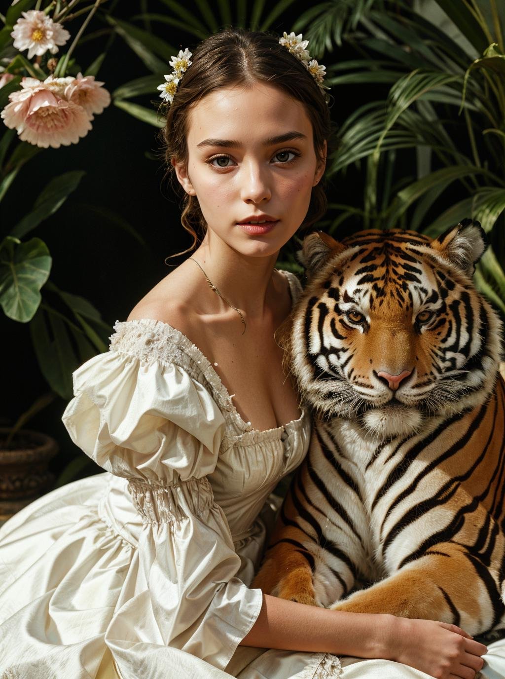 masterpiece,best quality,1girl,solo,portrait,sit,(looking at viewer),renaissance,flower,white dress,plant,simple background,<lora:tiger_v01_02:0.8>,animalstyle,(a woman holding a tiger),