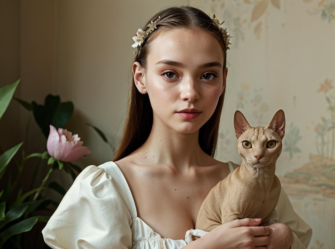 masterpiece,best quality,1girl,solo,portrait,sit,(looking at viewer),renaissance,flower,white dress,plant,simple background,<lora:tiger_v01_02:0.8>,animalstyle,(a woman holding a Sphynx_cat),