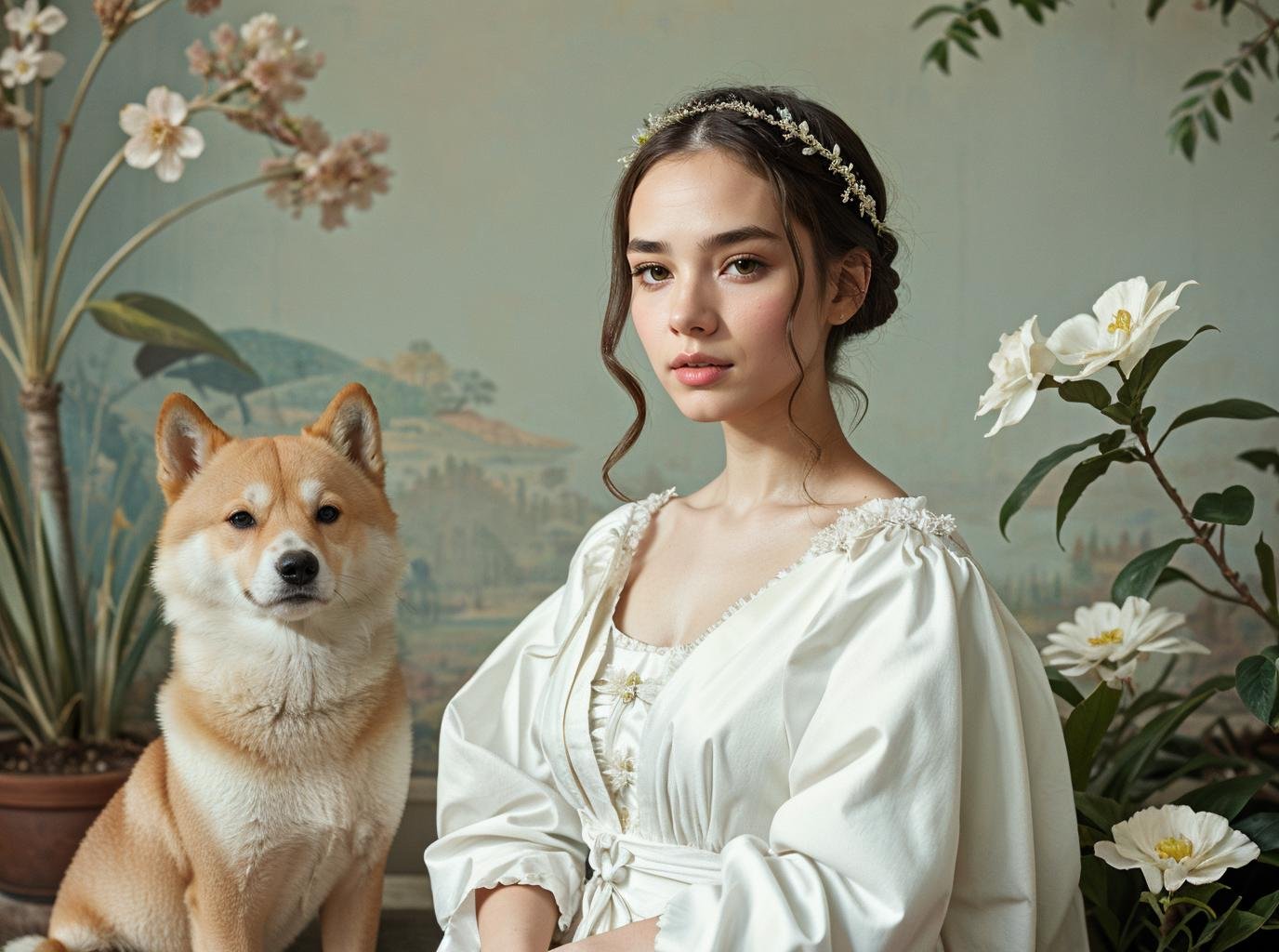 masterpiece,best quality,1girl,solo,portrait,sit,(looking at viewer),renaissance,flower,white dress,plant,simple background,<lora:tiger_v01_02:0.8>,animalstyle,(a woman and a shiba dog),