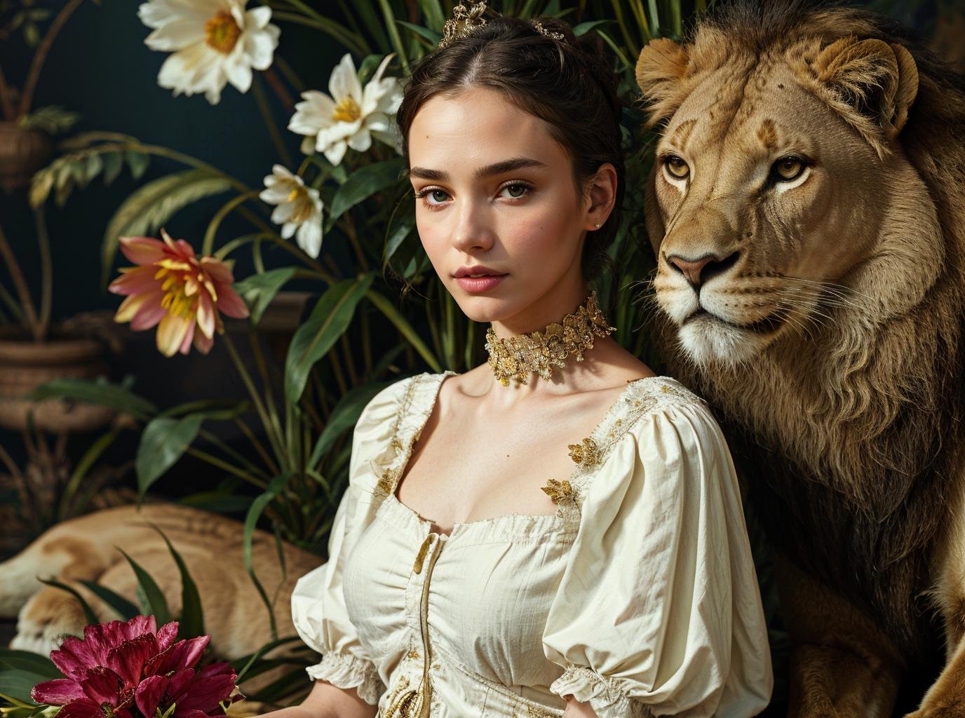 masterpiece,best quality,1girl,solo,portrait,sit,(looking at viewer),renaissance,flower,plant,simple background,<lora:tiger_v01_02:0.8>,animalstyle,a woman and a lion,