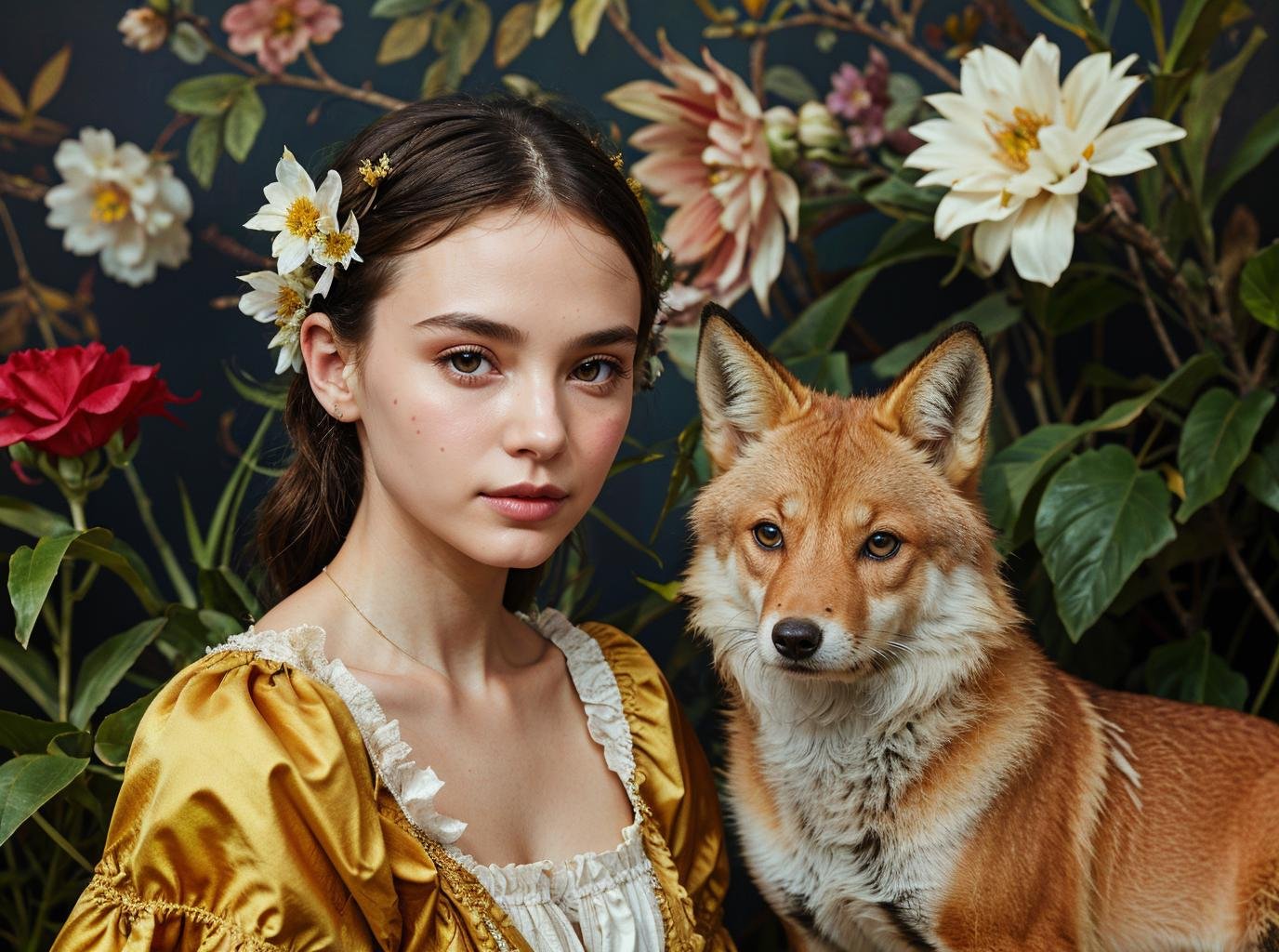 masterpiece,best quality,1girl,solo,portrait,sit,(looking at viewer),renaissance,flower,plant,simple background,<lora:tiger_v01_02:0.8>,animalstyle,a woman and a fox,